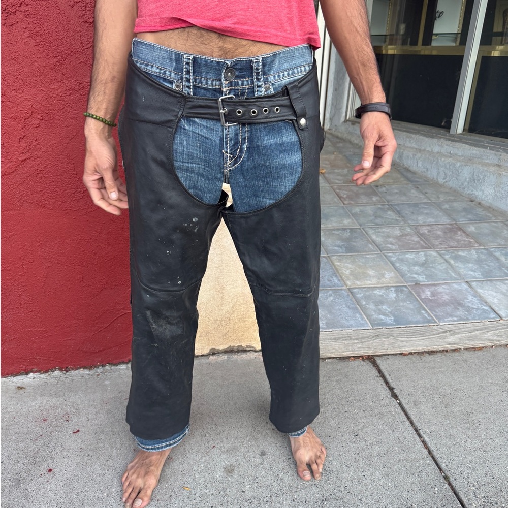 80s Rossano Collection Black Leather Motorcycle Chaps  XL Full Zip Sides 38-42”